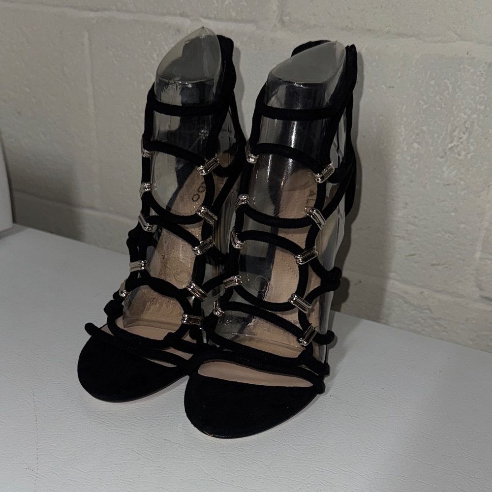 Aldo Black Strappy Heels with Silver Accents
